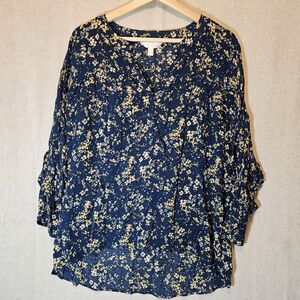 LC Lauren Conrad Blue W/ Yellow Floral High Low Ruffle Boho Tunic Large